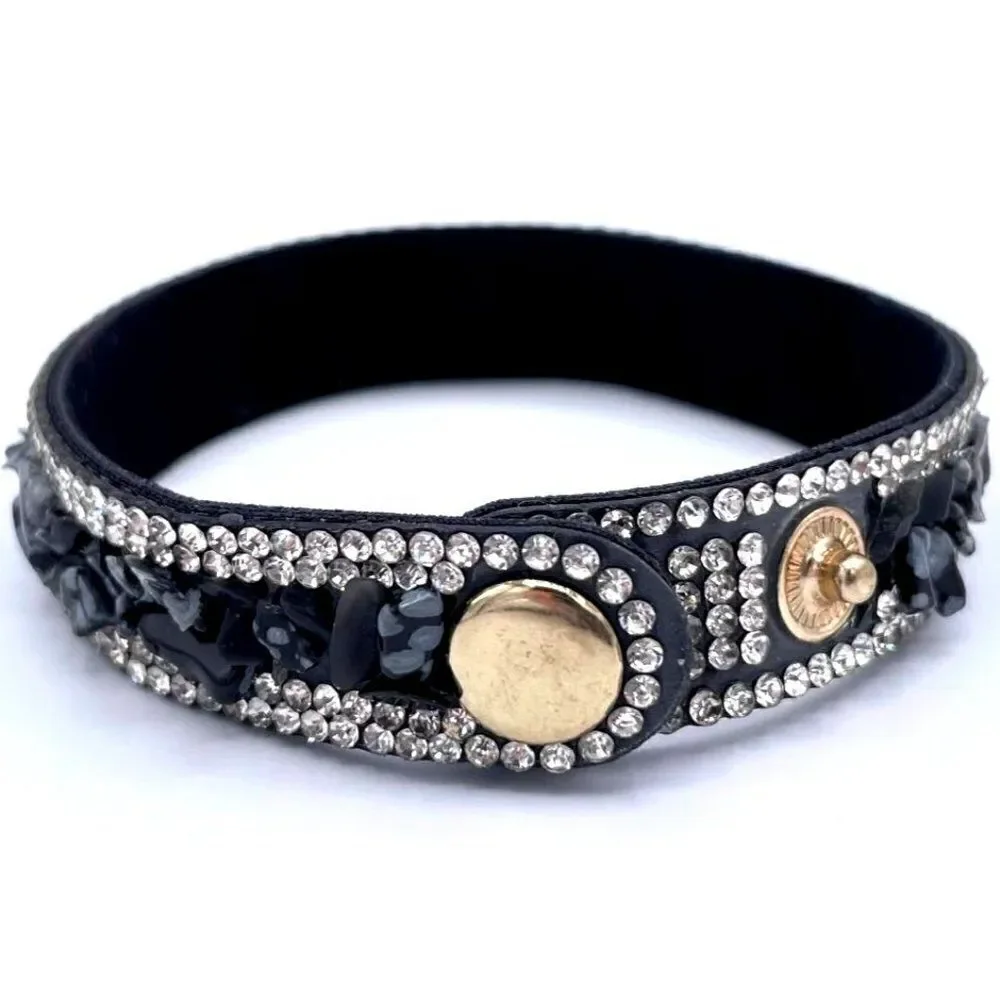 Black Faux Leather with Crystal and Chip Boho Adjustable Bracelet